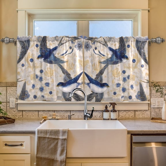 BZSMCE Set of 2 Pieces Window Curtains In Indigo Swallows Pattern 57x24in/57x36in