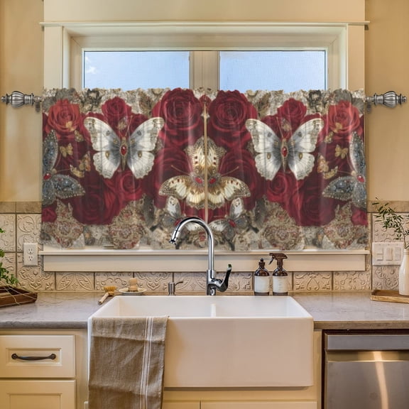 BZSMCE Set of 2 Pieces Window Curtains In Ivory Butterfly Pattern 57x24in/57x36in
