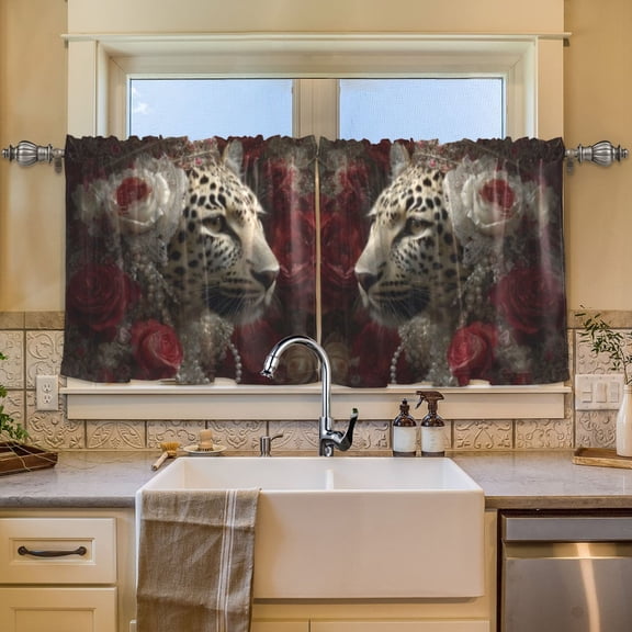 BZSMCE Set of 2 Pieces Window Curtains In Leopard Crown Roses Pearls Pattern 57x24in/57x36in