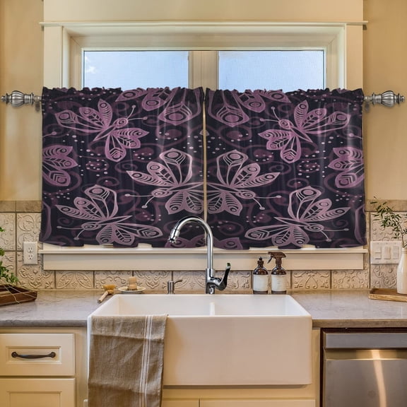 BZSMCE Set of 2 Pieces Window Curtains In Midnight Butterfly Lace Pattern 57x24in/57x36in