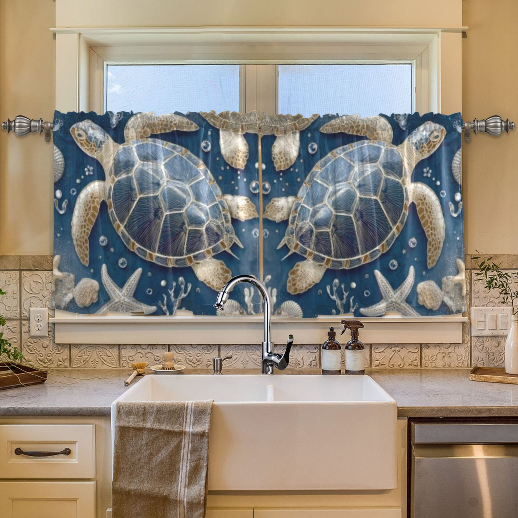 BZSMCE Set of 2 Pieces Window Curtains In Navy Beaded Sea Turtle Pattern 57x24in/57x36in