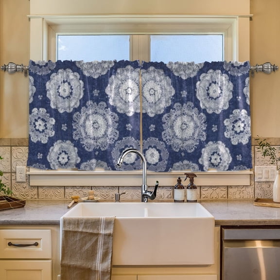 BZSMCE Set of 2 Pieces Window Curtains In Navy Intricate Floral Pattern 57x24in/57x36in
