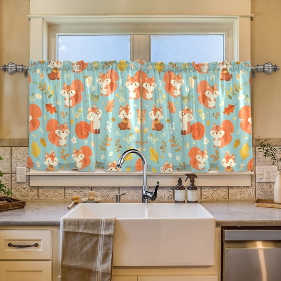 BZSMCE Set of 2 Pieces Window Curtains In Orange Leaf Squirrel Pattern 57x24in/57x36in