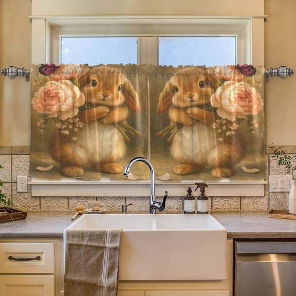BZSMCE Set of 2 Pieces Window Curtains In Peony Bunny Pattern 57x24in/57x36in