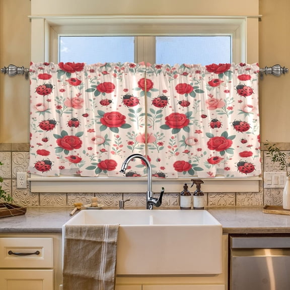 BZSMCE Set of 2 Pieces Window Curtains In Pink-back Red Rose Pattern 57x24in/57x36in