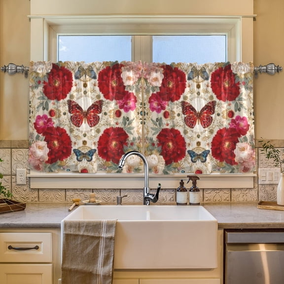 BZSMCE Set of 2 Pieces Window Curtains In Red Rose Butterfly Opulence Pattern 57x24in/57x36in