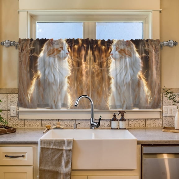 BZSMCE Set of 2 Pieces Window Curtains In Reed Fluffy Cat Pattern 57x24in/57x36in