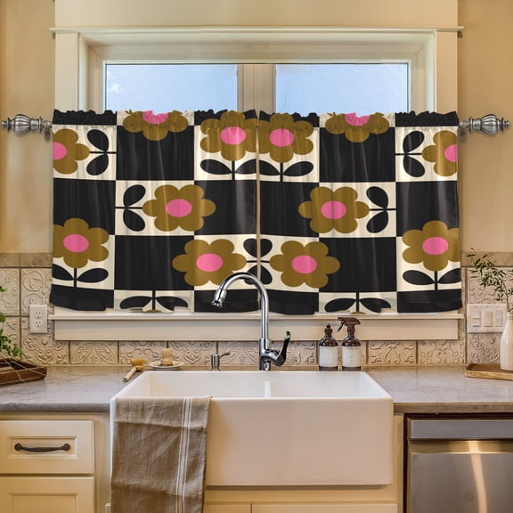 BZSMCE Set of 2 Pieces Window Curtains In Retro Floral Checkerboard Pattern 57x24in/57x36in