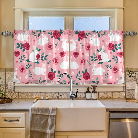 BZSMCE Set of 2 Pieces Window Curtains In Rose Rabbit Love Pattern 57x24in/57x36in