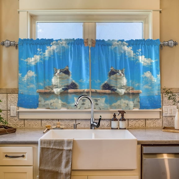 BZSMCE Set of 2 Pieces Window Curtains In Seaside Cat's Sky Gaze Pattern 57x24in/57x36in