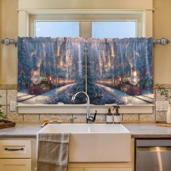 BZSMCE Set of 2 Pieces Window Curtains In Snowy Castle Train Pattern 57x24in/57x36in