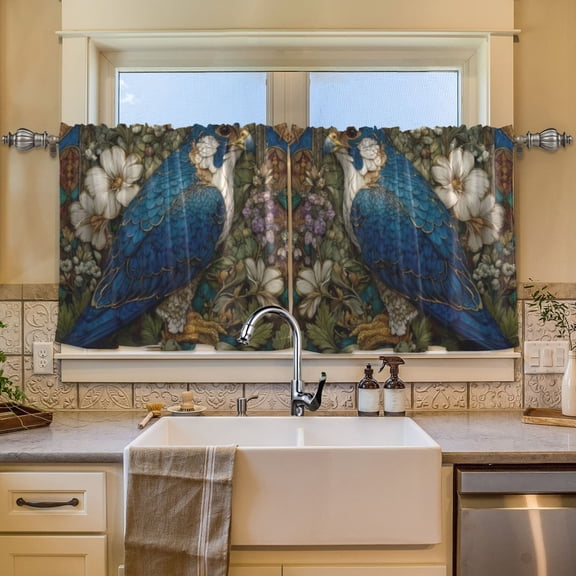 BZSMCE Set of 2 Pieces Window Curtains In Stained Glass Blue Bird Pattern 57x24in/57x36in