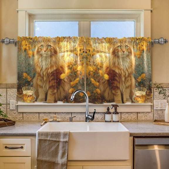 BZSMCE Set of 2 Pieces Window Curtains In Sunflower Cat Pattern 57x24in/57x36in