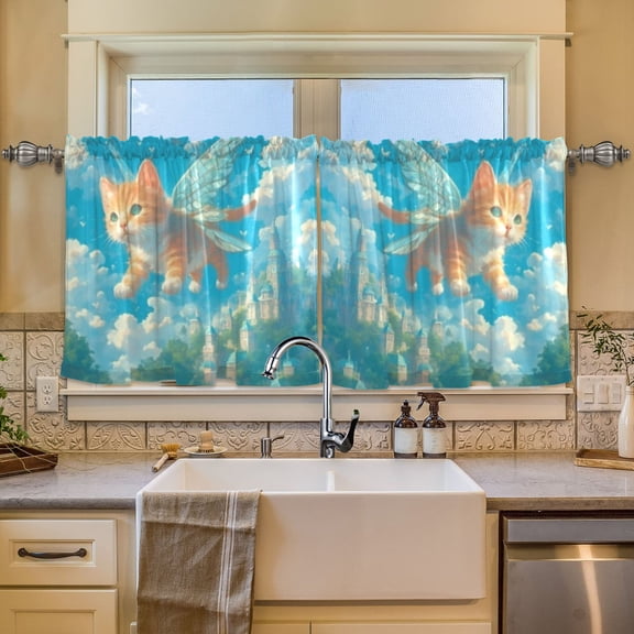 BZSMCE Set of 2 Pieces Window Curtains In Sunlit Winged Kitten Pattern 57x24in/57x36in