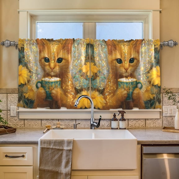 BZSMCE Set of 2 Pieces Window Curtains In Sunny Tea Cat Pattern 57x24in/57x36in