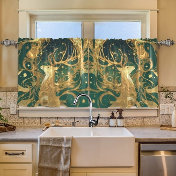 BZSMCE Set of 2 Pieces Window Curtains In Swirl Gilded Deer Pattern 57x24in/57x36in