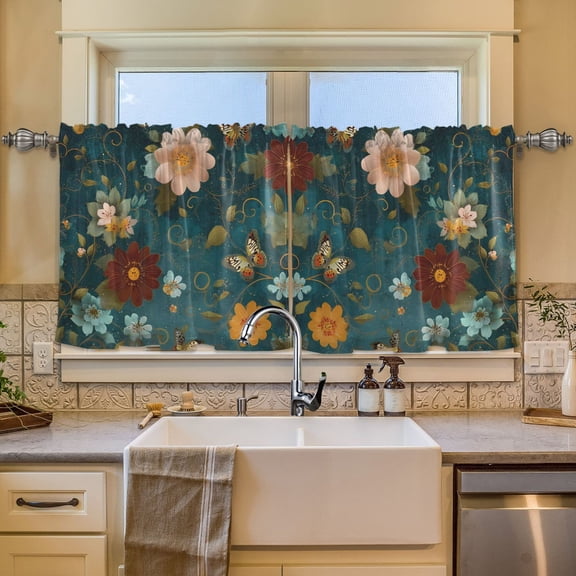 BZSMCE Set of 2 Pieces Window Curtains In Teal Floral-butterfly Pattern 57x24in/57x36in