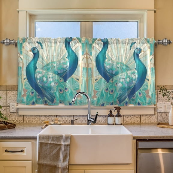 BZSMCE Set of 2 Pieces Window Curtains In Teal Peacock Fanfare Pattern 57x24in/57x36in