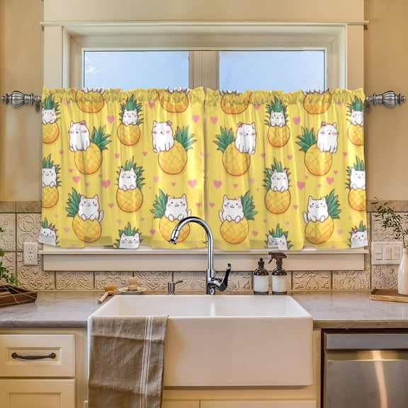 BZSMCE Set of 2 Pieces Window Curtains In White Cat Pineapple Pattern 57x24in/57x36in