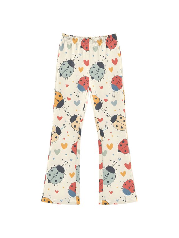 BZSMCE Seven-spotted Ladybug Heart Pattern Print Flared Pants High‑Stretch Elastic Waist Bell‑Bottom Active Lounge Trousers Multi‑Size Pull‑On Casual Bottoms