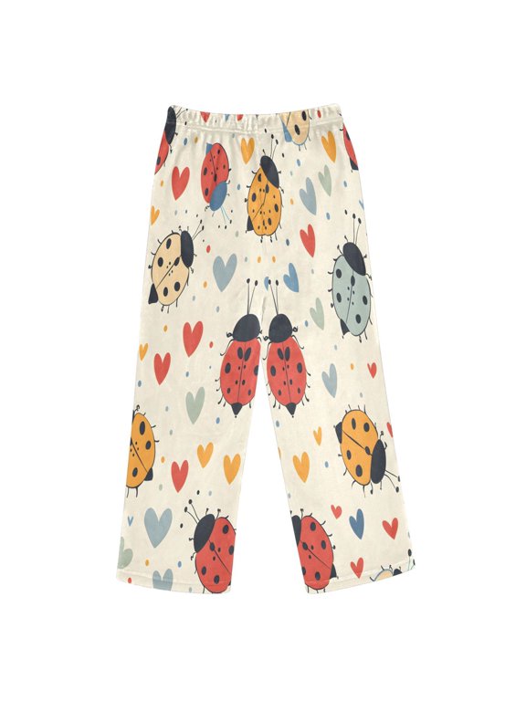 BZSMCE Seven-spotted Ladybug Heart Pattern Printed Loose Fit Flannel Pajama Pants Soft Plush Elastic Waist Loungewear Bottoms with Side Pockets for Indoor Home Wear