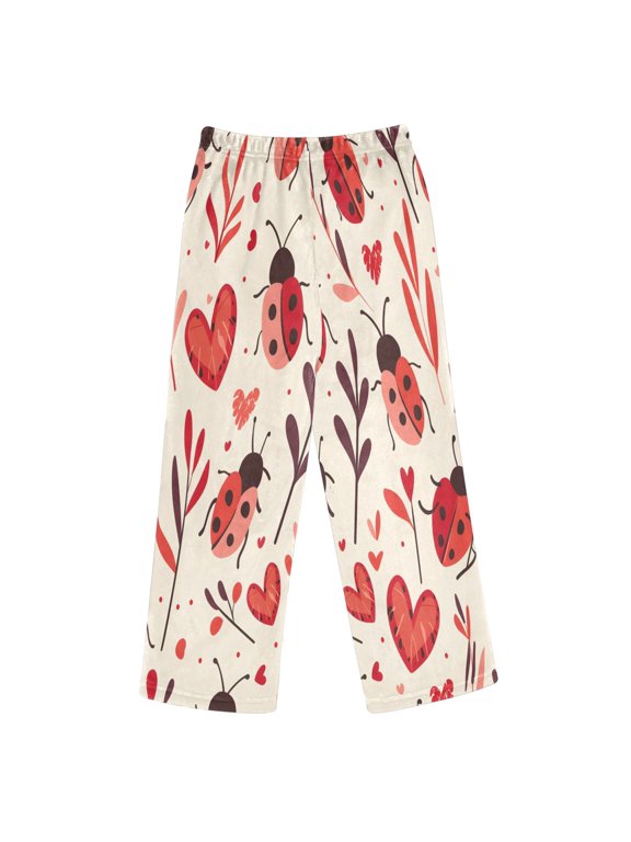 BZSMCE Seven-spotted Ladybug Love Flowers and Plants Pattern Printed Loose Fit Flannel Pajama Pants Soft Plush Elastic Waist Loungewear Bottoms with Side Pockets for Indoor Home Wear