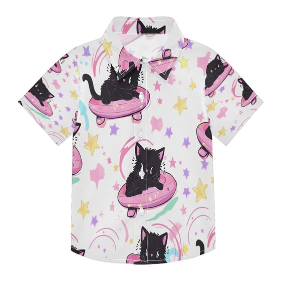 BZSMCE Short-Sleeve Button-Down Shirt Summer Black Cat Spaceship ...