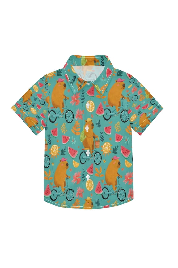 BZSMCE Short-Sleeve Button-Down Shirt Summer Capybara Bicycle Pattern For Soft Breathable Fabric Casual Wear