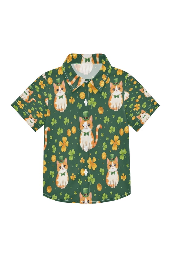 BZSMCE Short-Sleeve Button-Down Shirt Summer Cat and Clover Pattern For Soft Breathable Fabric Casual Wear