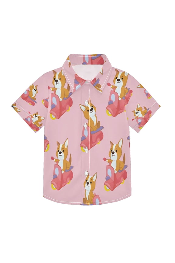 BZSMCE Short-Sleeve Button-Down Shirt Summer Corgi Cycling Pattern For Soft Breathable Fabric Casual Wear