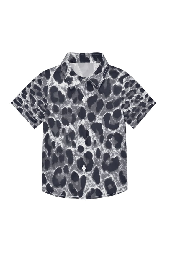 BZSMCE Short-Sleeve Button-Down Shirt Summer Grey Leopard Print Pattern For Soft Breathable Fabric Casual Wear