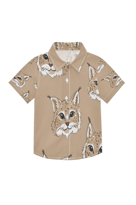 BZSMCE Short-Sleeve Button-Down Shirt Summer Lynx Cat Pattern For Soft Breathable Fabric Casual Wear