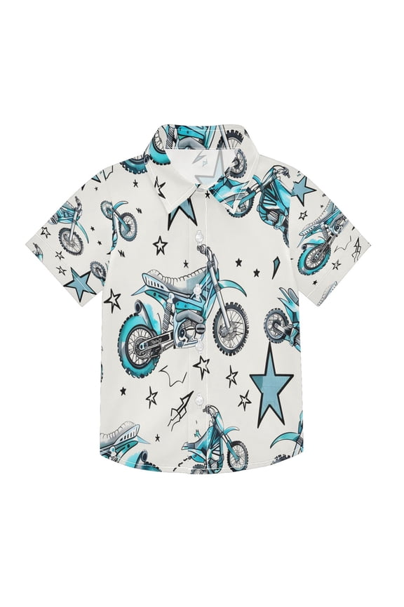 BZSMCE Short-Sleeve Button-Down Shirt Summer Motorcycle Blue Pattern For Soft Breathable Fabric Casual Wear