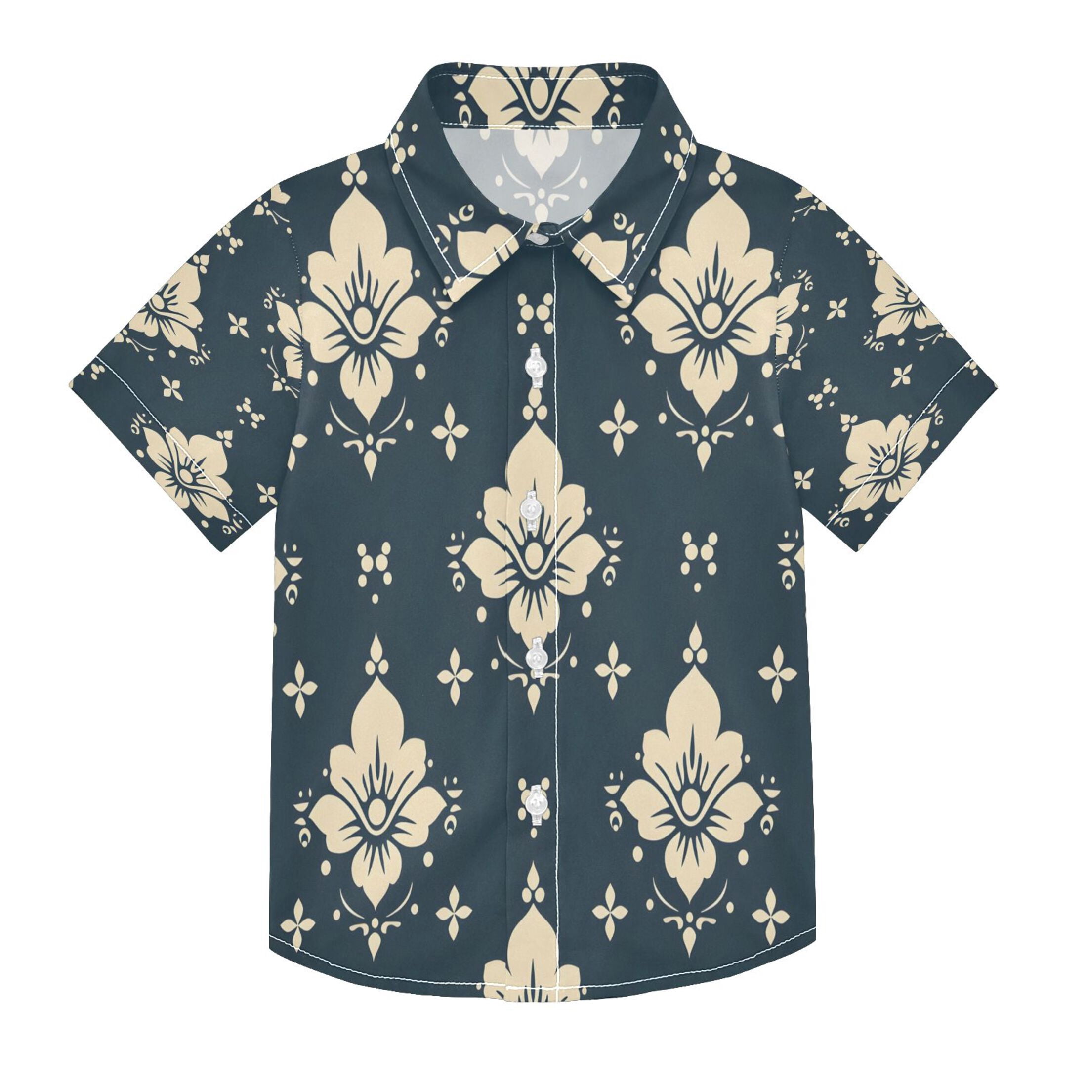 BZSMCE Short-Sleeve Button-Down Shirt Summer Navycreamfloral Pattern ...