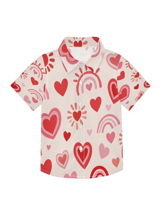 BZSMCE Short-Sleeve Button-Down Shirt Summer Red Pink Heart Rainbow Pattern For Soft Breathable Fabric Casual Wear