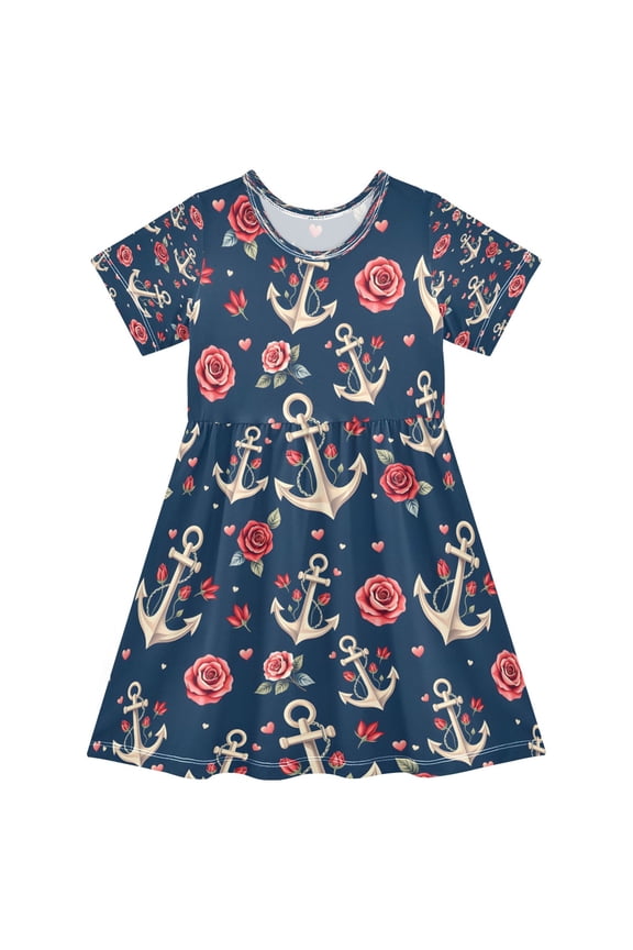BZSMCE Short Sleeve Dress A-line Silhouette Anchor Rose Heart Pattern Of Pattern