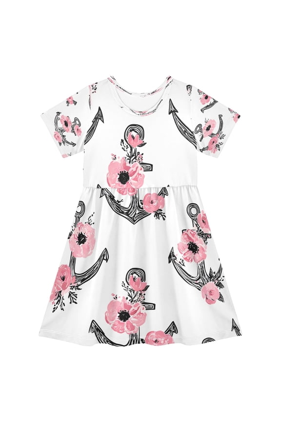 BZSMCE Short Sleeve Dress A-line Silhouette Anchor with Pink Flower Pattern Of Pattern