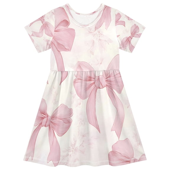BZSMCE Short Sleeve Dress A-line Silhouette Bow Knot Pink Pattern Of Pattern