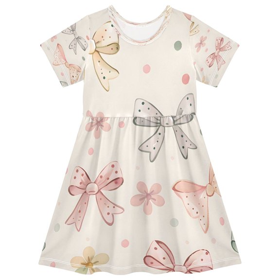 BZSMCE Short Sleeve Dress A-line Silhouette Bow Small Flower Polka Dot Pattern Of Pattern