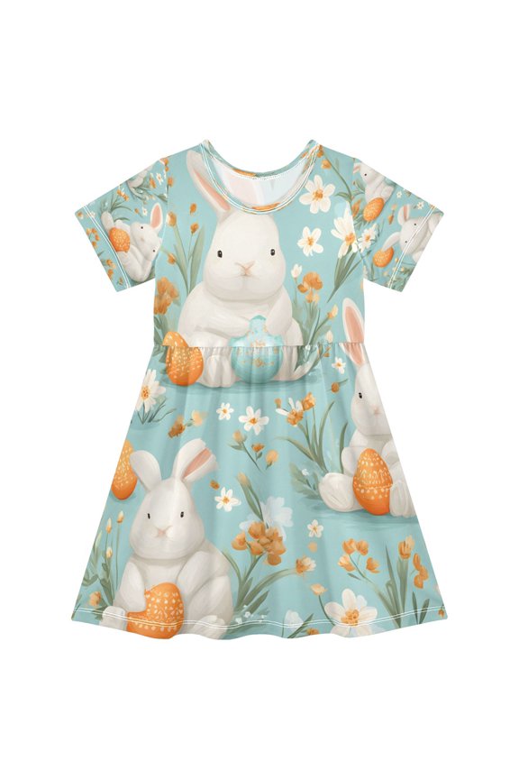 BZSMCE Short Sleeve Dress A-line Silhouette Bunny Flower Blue Orange Egg Pattern Of Pattern