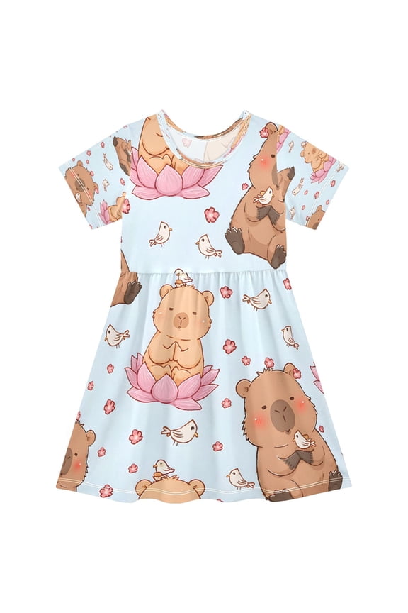 BZSMCE Short Sleeve Dress A-line Silhouette Capybara Flowers Bird Pattern Of Pattern