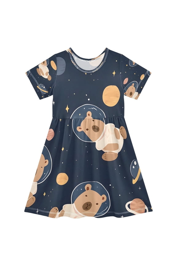BZSMCE Short Sleeve Dress A-line Silhouette Capybara Planet Star Pattern Of Pattern