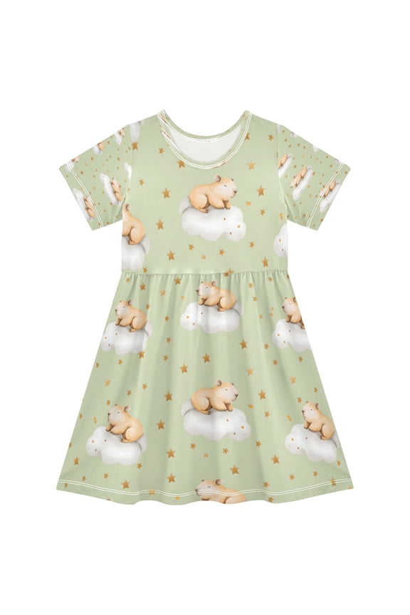 BZSMCE Short Sleeve Dress A-line Silhouette Cloud Capybara Pattern Of Pattern