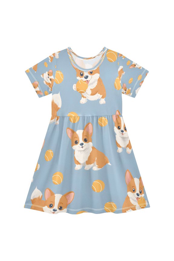 BZSMCE Short Sleeve Dress A-line Silhouette Corgi Dog Ball Pattern Of Pattern