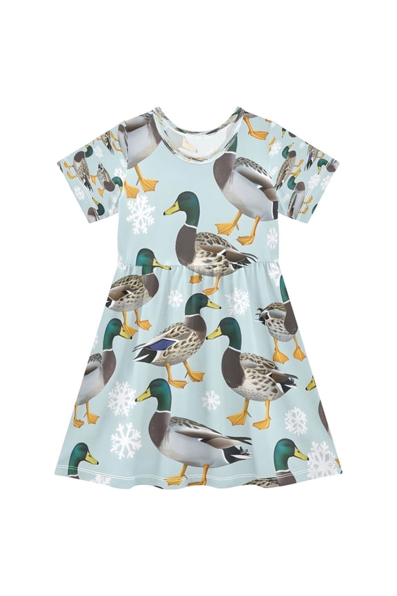 BZSMCE Short Sleeve Dress A-line Silhouette Duck Snow Pattern Of Pattern