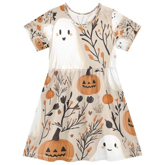 BZSMCE Short Sleeve Dress A-line Silhouette Ghost Pumpkin Pattern Of Pattern