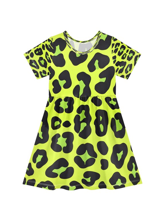 BZSMCE Short Sleeve Dress A-line Silhouette Green Leopard Print Pattern Of Pattern