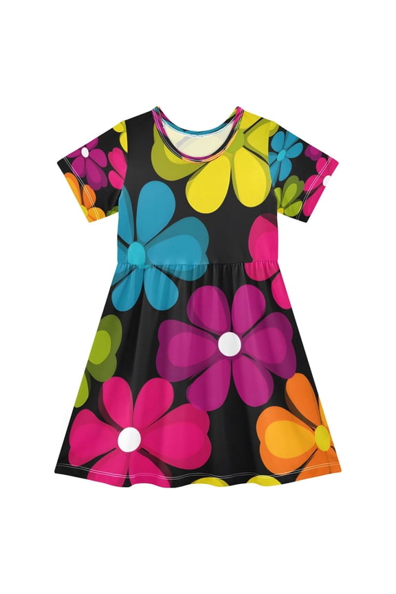 BZSMCE Short Sleeve Dress A-line Silhouette Hipster Retro Style - Flowers Pattern Of Pattern