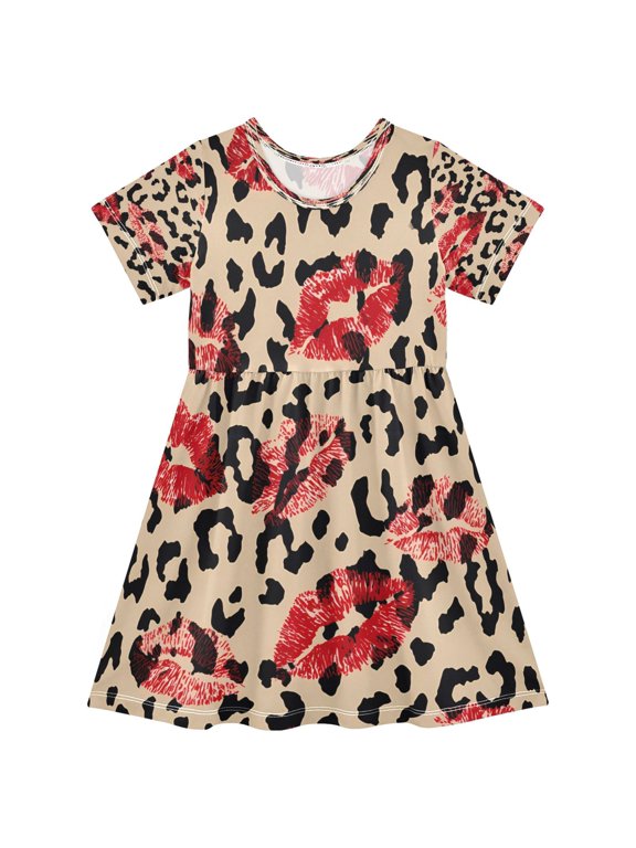 BZSMCE Short Sleeve Dress A-line Silhouette Leopard Print Lip Stamp Pattern Of Pattern