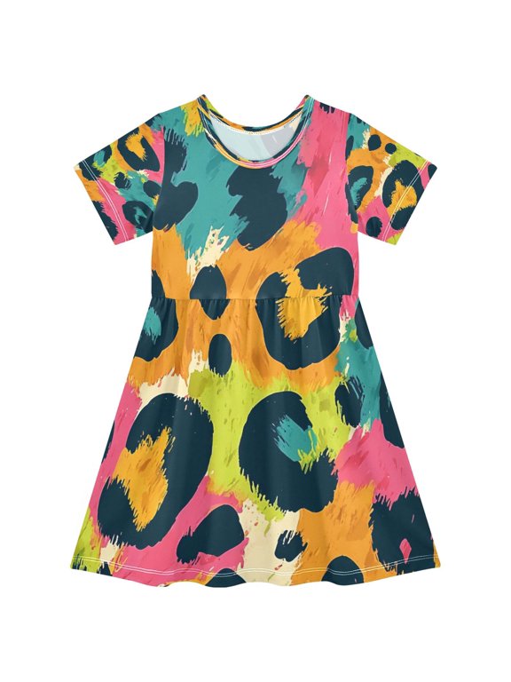 BZSMCE Short Sleeve Dress A-line Silhouette Leopard Print Pattern Of Pattern